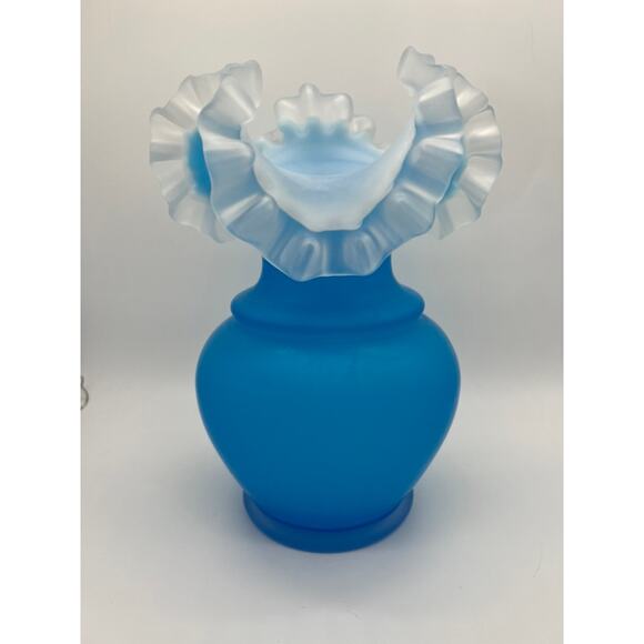 Vintage Blue Overlay Satin Cased Glass Crimped Ruffled Clear Crest Rim Vase